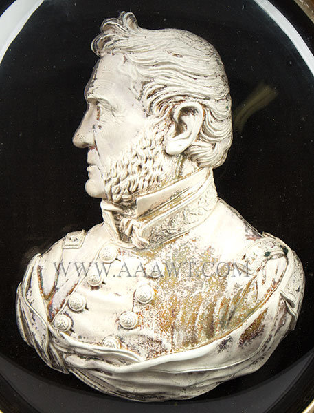 Bas Relief Bust Shell, Winfield Scott, White Frosted on Convex Tin Shell
Manufactured by Huntington, Loretz and Co., 142 Fulton Street, New York 
Circa 1865, silver detail